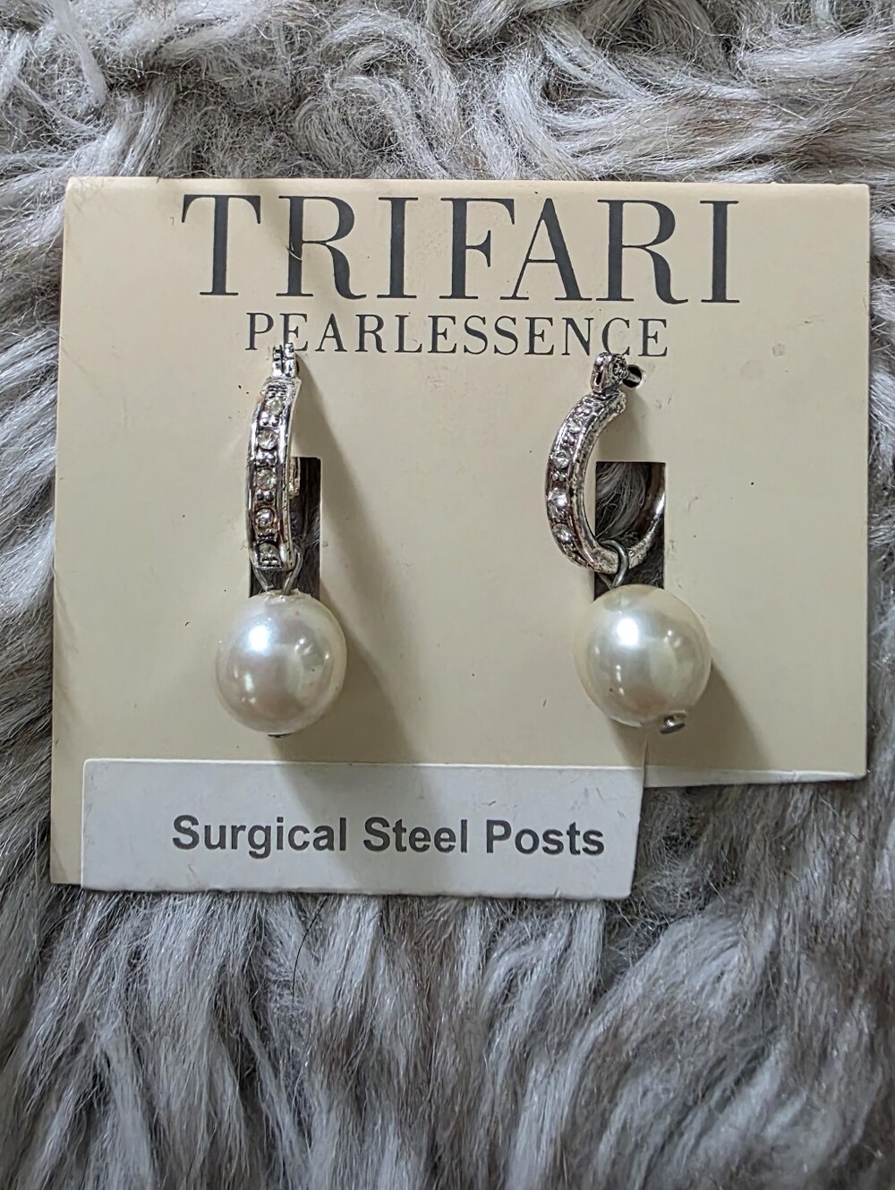 Trifari Silver Hoop Earrings‎ with Cream Pearl Drops